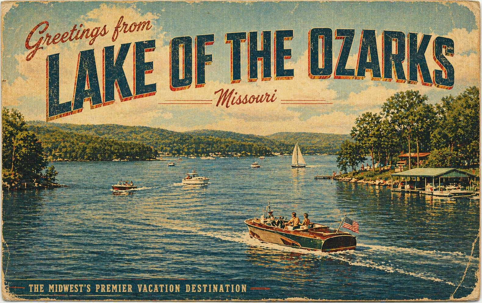 Vintage Lake of the Ozarks postcard illustration